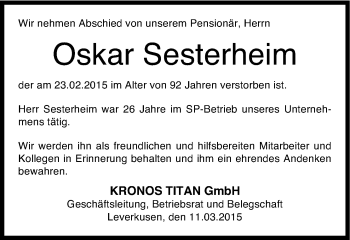 Anzeige von Oskar Sesterheim von Kölner Stadt-Anzeiger / Kölnische Rundschau / Express