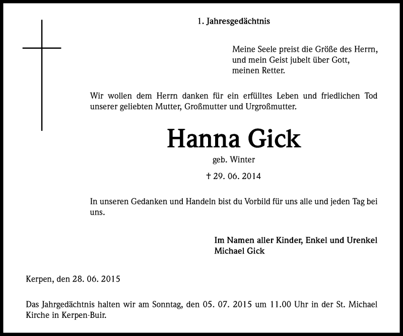  Traueranzeige für Hanna Gick vom 27.06.2015 aus Kölner Stadt-Anzeiger / Kölnische Rundschau / Express
