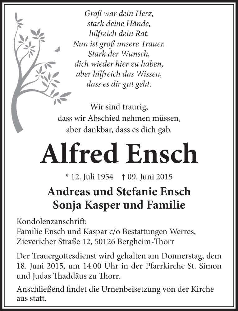  Traueranzeige für Alfred Ensch vom 13.06.2015 aus  Sonntags-Post 