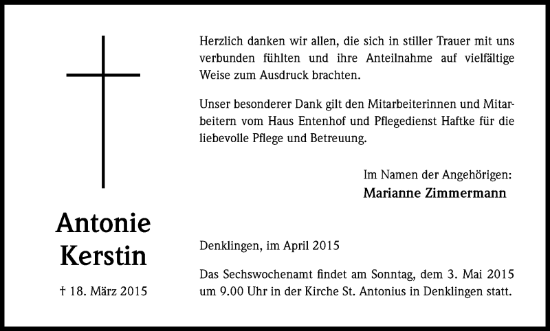  Traueranzeige für Antonie Kerstin vom 29.04.2015 aus Kölner Stadt-Anzeiger / Kölnische Rundschau / Express