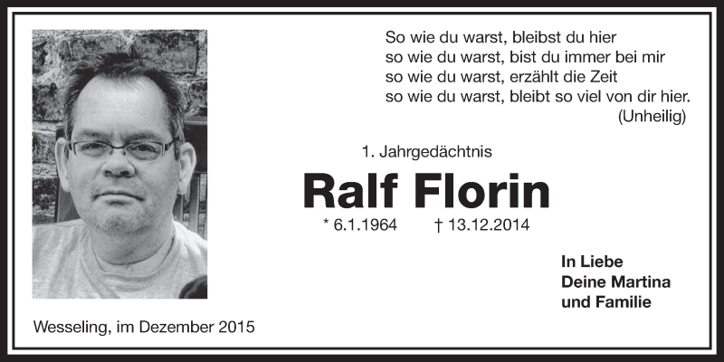  Traueranzeige für Ralf Florin vom 09.12.2015 aus  Schlossbote/Werbekurier 