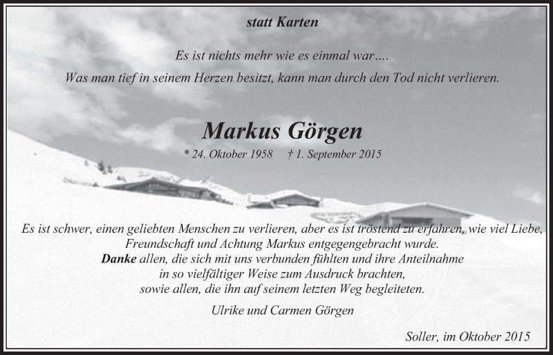  Traueranzeige für Markus Görgen vom 17.10.2015 aus  Sonntags-Post 