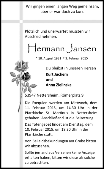 Anzeige von Hermann Jansen von Kölner Stadt-Anzeiger / Kölnische Rundschau / Express