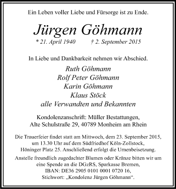 Anzeige von Jürgen Göhmann von Kölner Stadt-Anzeiger / Kölnische Rundschau / Express