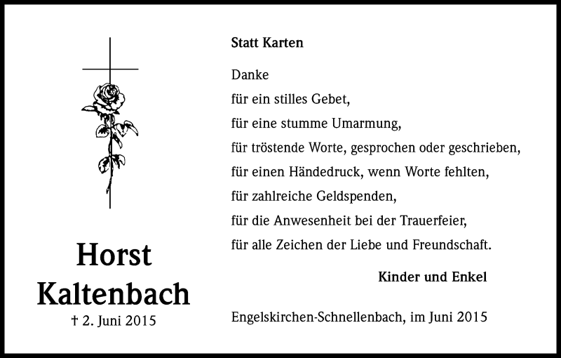  Traueranzeige für Horst Kaltenbach vom 27.06.2015 aus Kölner Stadt-Anzeiger / Kölnische Rundschau / Express