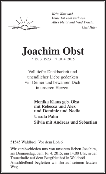 Anzeige von Joachim Obst von  Lokalanzeiger 