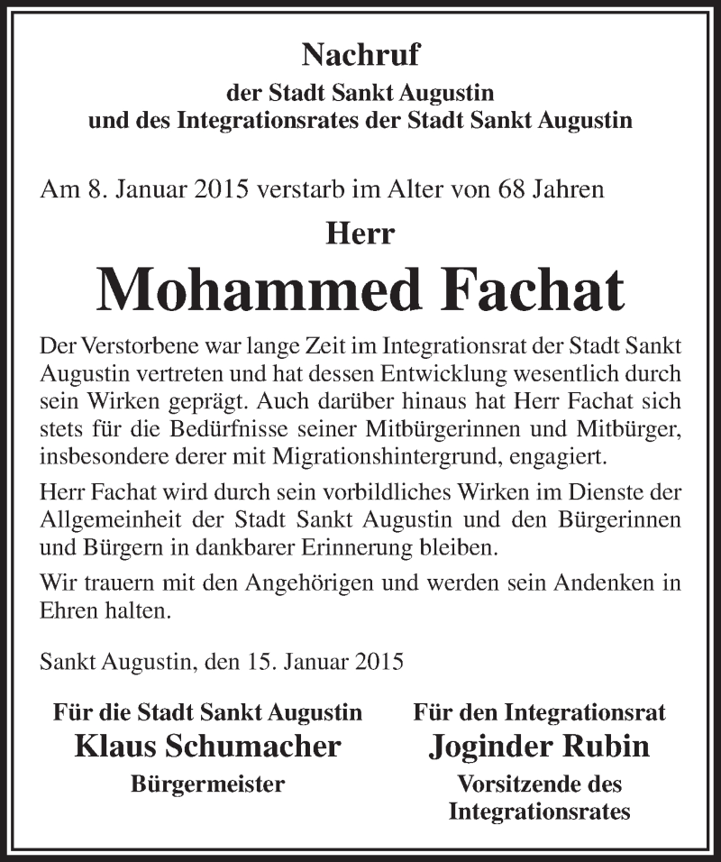 Traueranzeige für Mohammed Fachat vom 21.01.2015 aus  Extra Blatt 