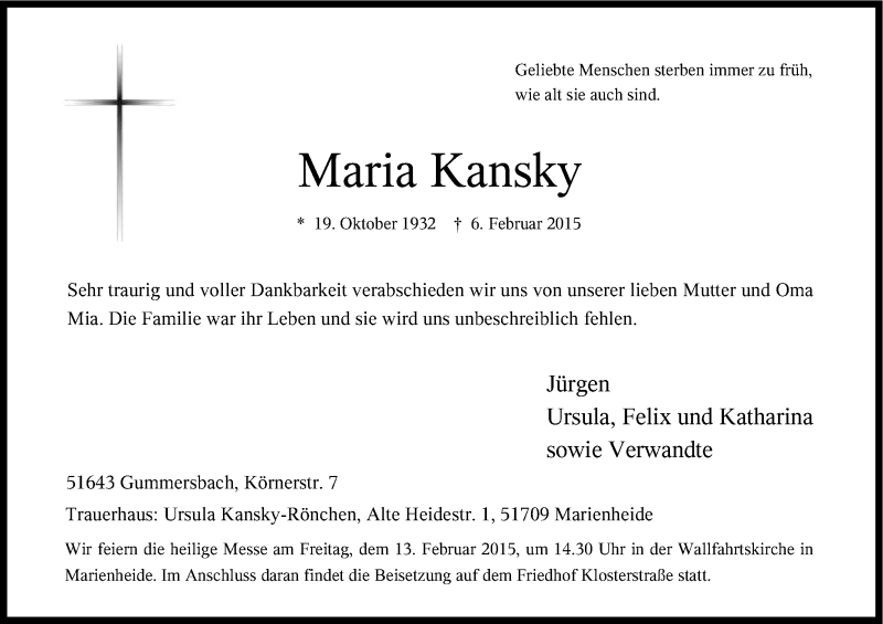  Traueranzeige für Maria Kansky vom 10.02.2015 aus Kölner Stadt-Anzeiger / Kölnische Rundschau / Express