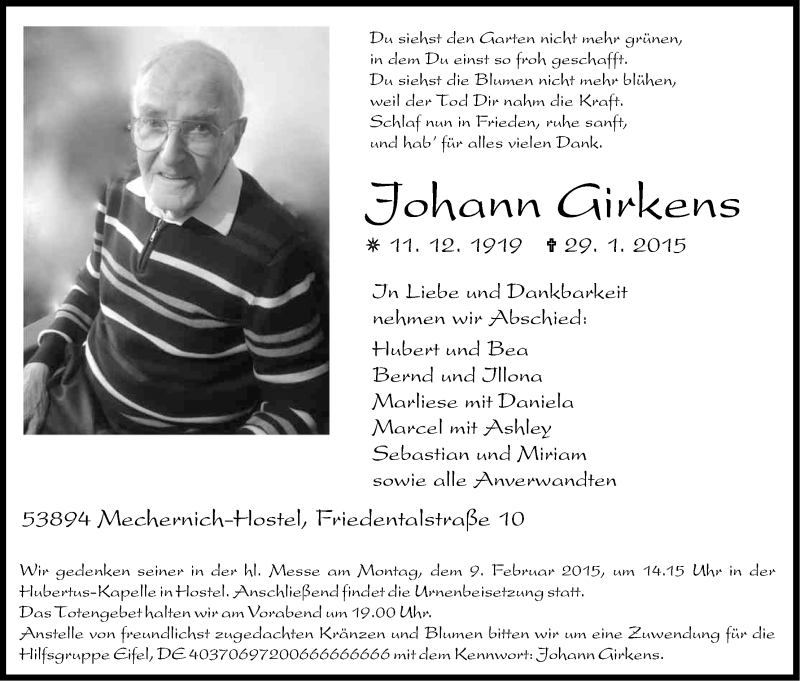  Traueranzeige für Johann Girkens vom 04.02.2015 aus Kölner Stadt-Anzeiger / Kölnische Rundschau / Express