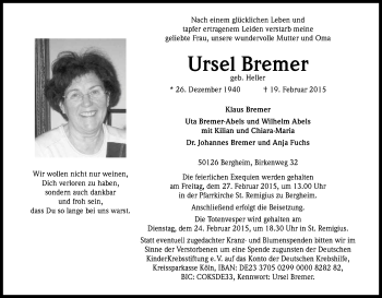 Anzeige von Ursel Bremer von Kölner Stadt-Anzeiger / Kölnische Rundschau / Express