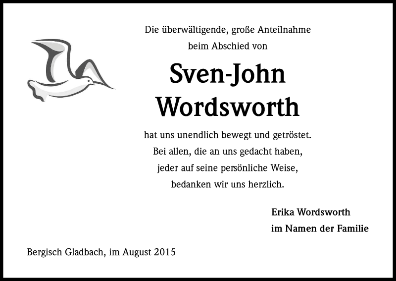  Traueranzeige für Sven-John Wordsworth vom 29.08.2015 aus Kölner Stadt-Anzeiger / Kölnische Rundschau / Express