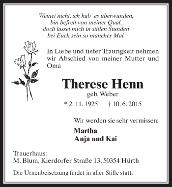 Anzeige von Therese Henn von  Wochenende 