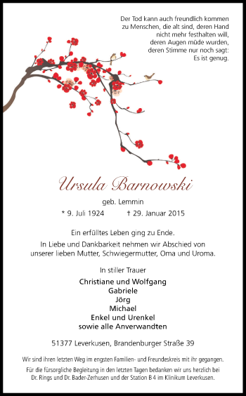 Anzeige von Ursula Barnowski von Kölner Stadt-Anzeiger / Kölnische Rundschau / Express