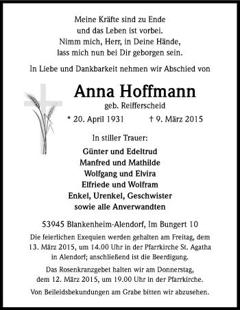 Anzeige von Anna Hoffmann von Kölner Stadt-Anzeiger / Kölnische Rundschau / Express