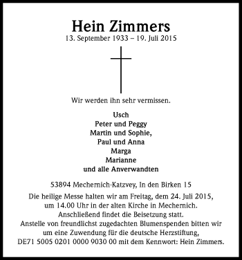 Anzeige von Hein Zimmers von Kölner Stadt-Anzeiger / Kölnische Rundschau / Express
