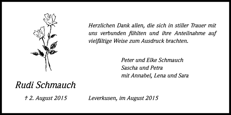  Traueranzeige für Rudi Schmauch vom 22.08.2015 aus Kölner Stadt-Anzeiger / Kölnische Rundschau / Express