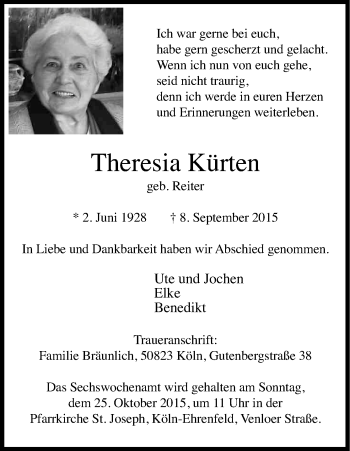 Anzeige von Theresia Kürten von Kölner Stadt-Anzeiger / Kölnische Rundschau / Express