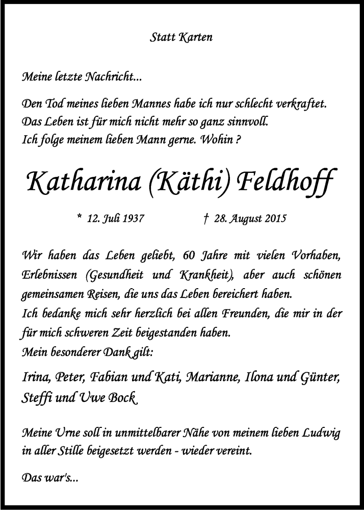  Traueranzeige für Katharina Feldhoff vom 25.09.2015 aus Kölner Stadt-Anzeiger / Kölnische Rundschau / Express