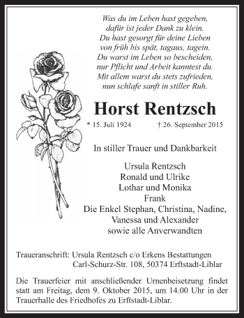 Anzeige von Horst Rentzsch von  Werbepost 
