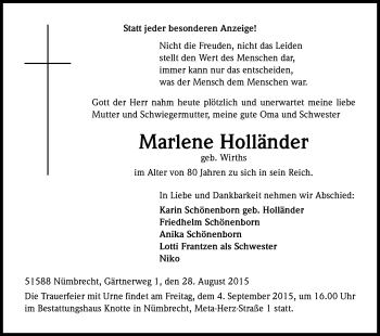 Anzeige von Marlene Holländer von Kölner Stadt-Anzeiger / Kölnische Rundschau / Express