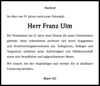 Anzeige von Franz Ulm von Kölner Stadt-Anzeiger / Kölnische Rundschau / Express