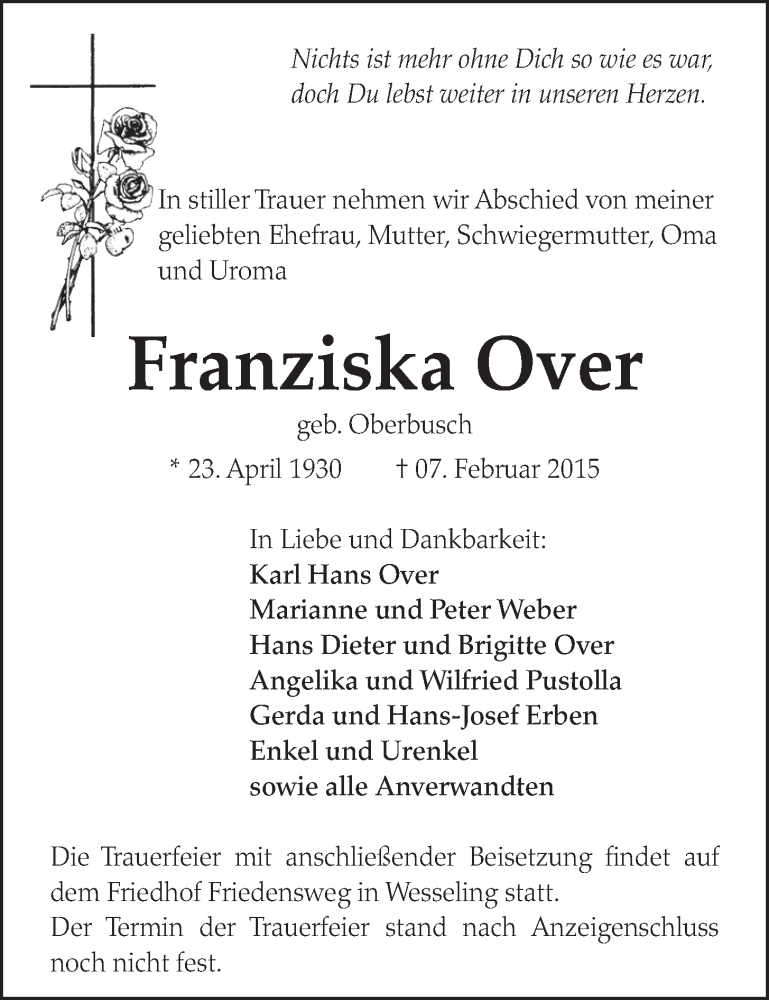  Traueranzeige für Franziska Over vom 11.02.2015 aus  Schlossbote/Werbekurier 