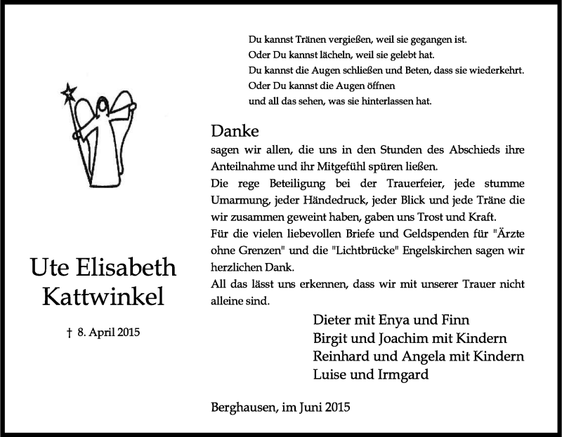  Traueranzeige für Ute Elisabeth Kattwinkel vom 01.07.2015 aus Kölner Stadt-Anzeiger / Kölnische Rundschau / Express