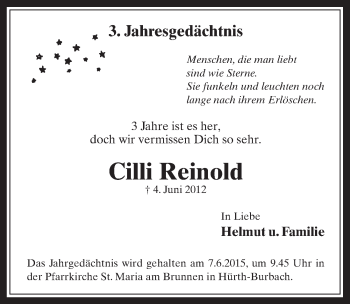 Anzeige von Cilli Reinold von  Wochenende 