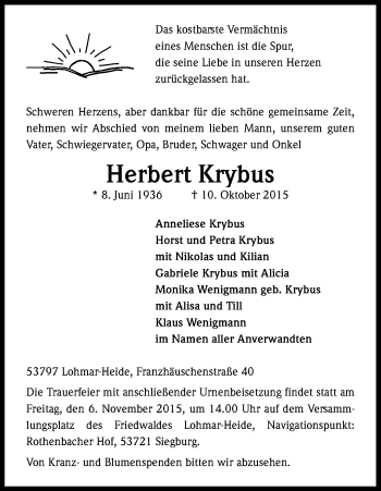 Anzeige von Herbert Krybus von Kölner Stadt-Anzeiger / Kölnische Rundschau / Express
