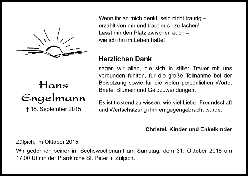  Traueranzeige für Hans Engelmann vom 27.10.2015 aus Kölner Stadt-Anzeiger / Kölnische Rundschau / Express