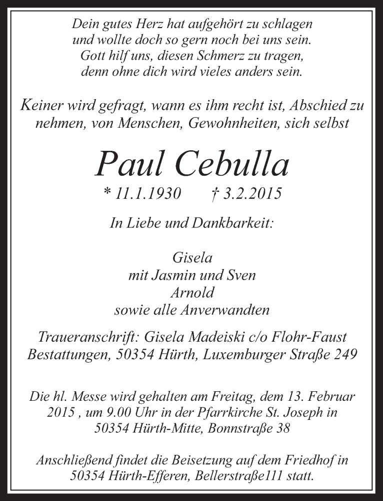  Traueranzeige für Paul Cebulla vom 11.02.2015 aus  Werbepost 