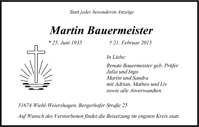  Traueranzeige für Martin Bauermeister vom 25.02.2015 aus Kölner Stadt-Anzeiger / Kölnische Rundschau / Express