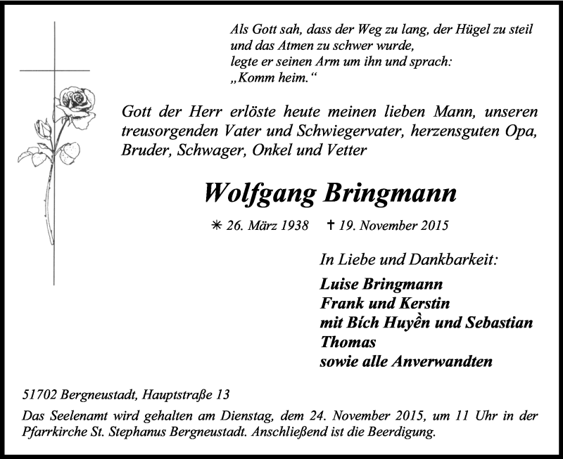  Traueranzeige für Wolfgang Bringmann vom 21.11.2015 aus Kölner Stadt-Anzeiger / Kölnische Rundschau / Express