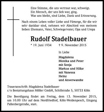 Anzeige von Rudolf Stadelbauer von Kölner Stadt-Anzeiger / Kölnische Rundschau / Express