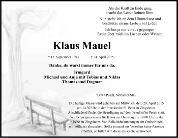 Anzeige von Klaus Mauel von Kölner Stadt-Anzeiger / Kölnische Rundschau / Express