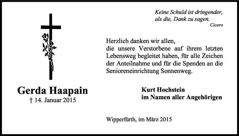  Traueranzeige für Gerda Haapain vom 07.03.2015 aus Kölner Stadt-Anzeiger / Kölnische Rundschau / Express