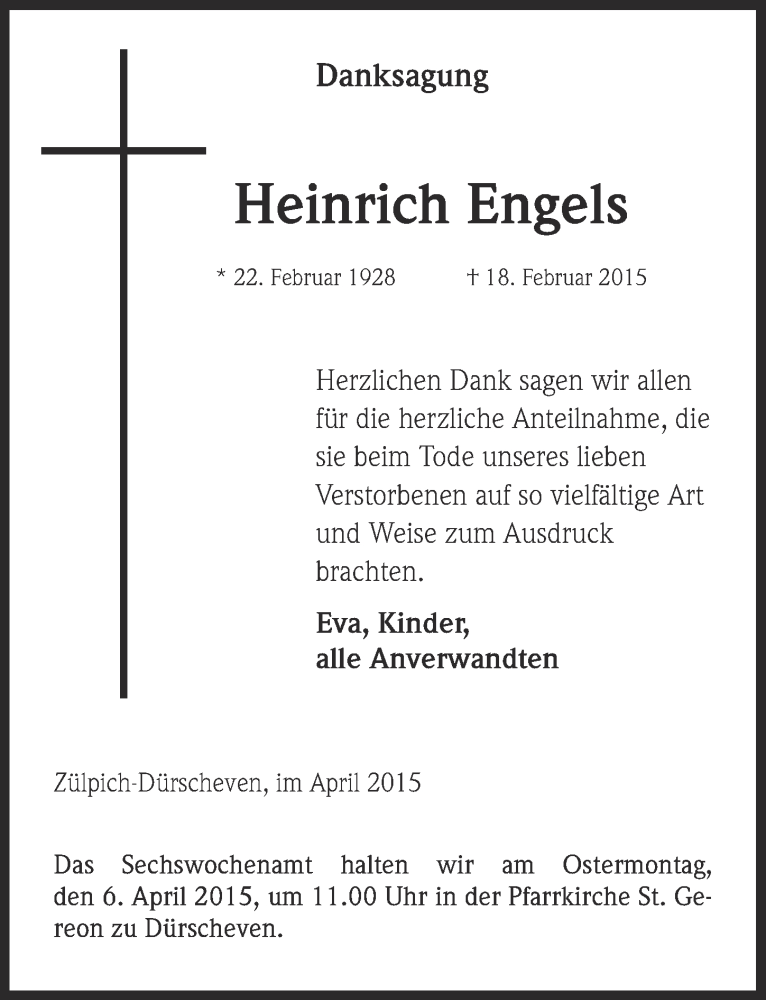  Traueranzeige für Heinrich Engels vom 29.03.2015 aus  Blickpunkt Euskirchen 