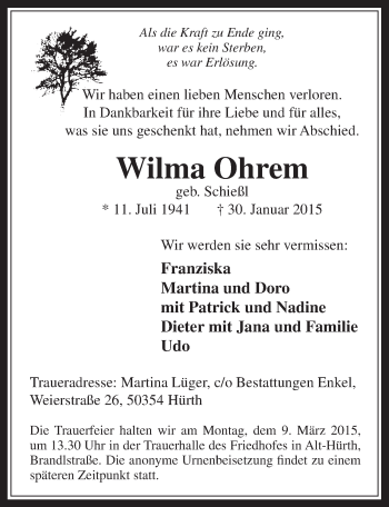 Anzeige von Wilma Ohrem von  Wochenende 