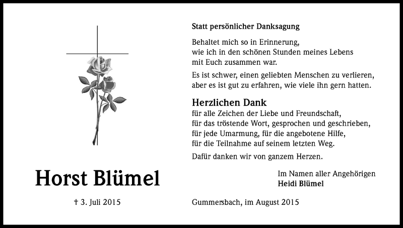  Traueranzeige für Horst Blümel vom 08.08.2015 aus Kölner Stadt-Anzeiger / Kölnische Rundschau / Express
