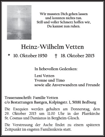 Anzeige von Heinz-Wilhelm Vetten von  Sonntags-Post 