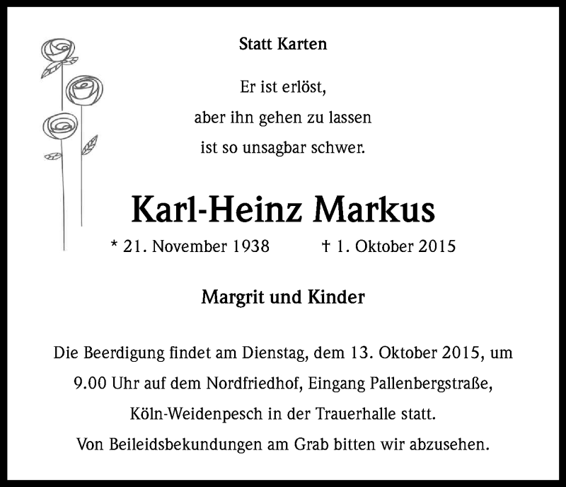  Traueranzeige für Karl-Heinz Markus vom 10.10.2015 aus Kölner Stadt-Anzeiger / Kölnische Rundschau / Express