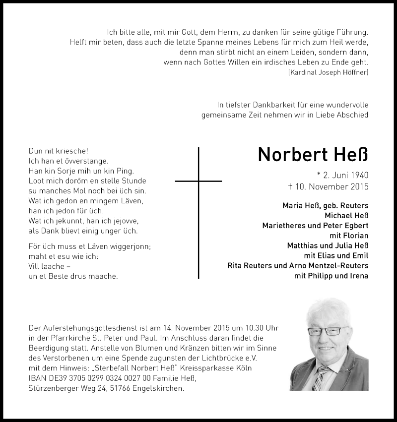  Traueranzeige für Norbert Heß vom 13.11.2015 aus Kölner Stadt-Anzeiger / Kölnische Rundschau / Express
