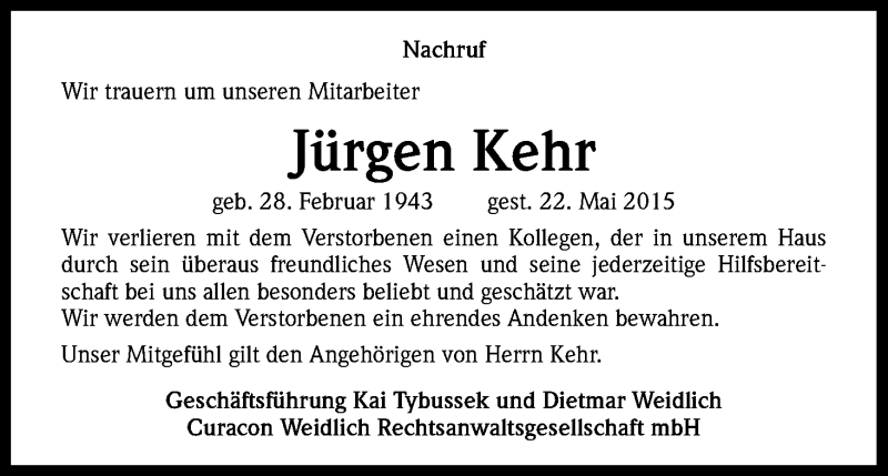  Traueranzeige für Jürgen Kehr vom 08.06.2015 aus Kölner Stadt-Anzeiger / Kölnische Rundschau / Express