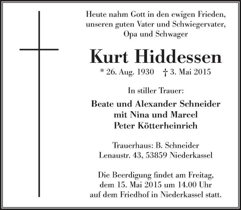 Traueranzeige für Kurt Hiddessen vom 13.05.2015 aus  Extra Blatt 