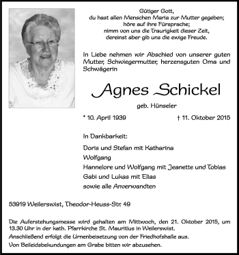 Anzeige von Agnes Schickel von Kölner Stadt-Anzeiger / Kölnische Rundschau / Express