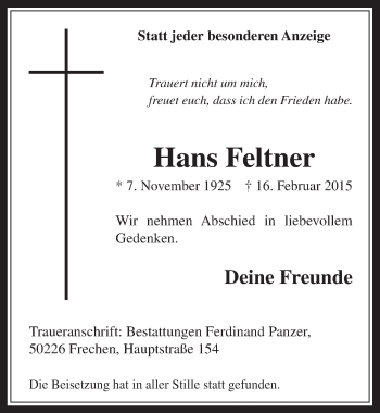 Anzeige von Hans Feltner von  Wochenende 