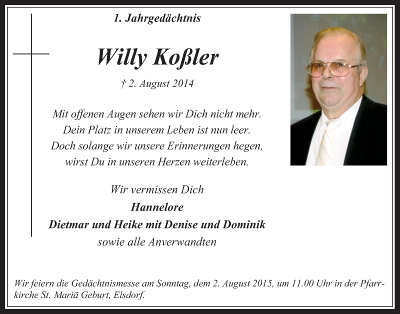  Traueranzeige für Willy Koßler vom 29.07.2015 aus  Werbepost 