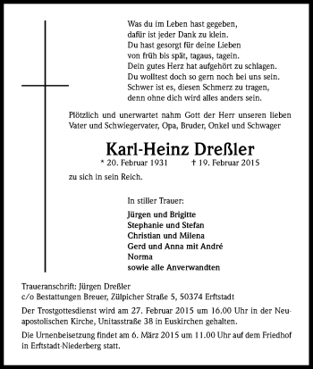 Anzeige von Karl-Heinz Dreßler von Kölner Stadt-Anzeiger / Kölnische Rundschau / Express