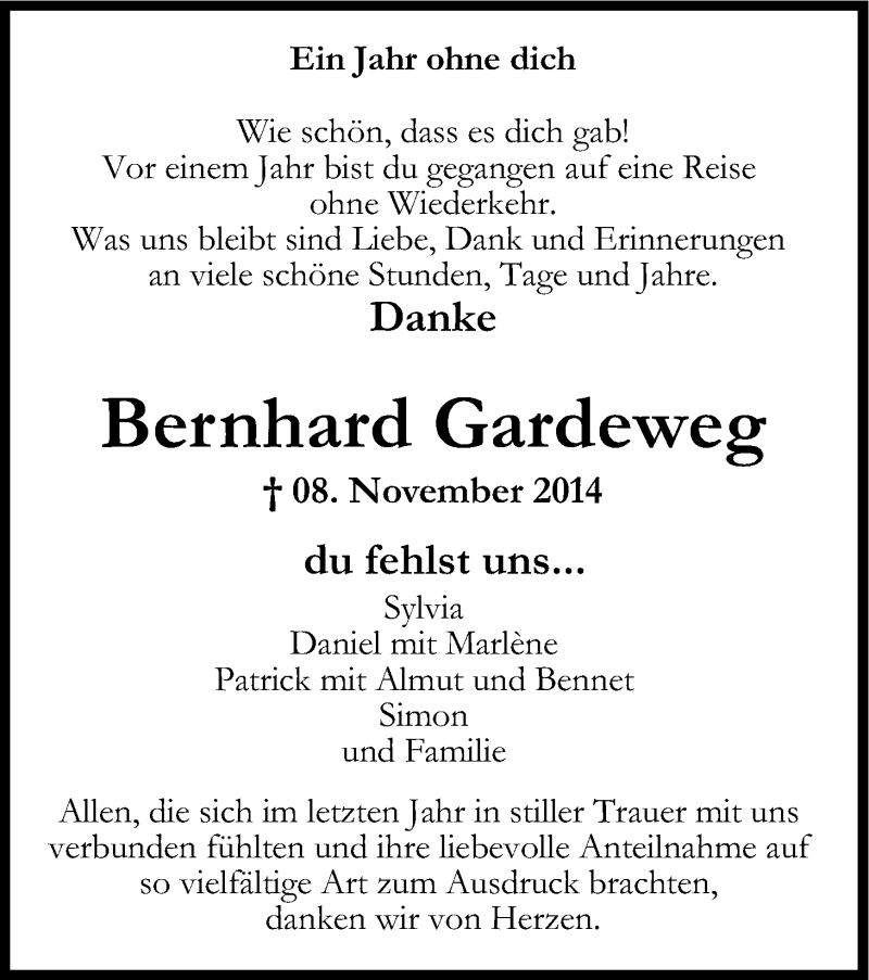  Traueranzeige für Bernhard Gardeweg vom 07.11.2015 aus Kölner Stadt-Anzeiger / Kölnische Rundschau / Express