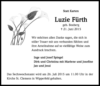 Anzeige von Luzie Fürth von Kölner Stadt-Anzeiger / Kölnische Rundschau / Express
